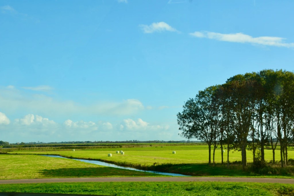 Bredt landskap med grønne marker, en elv som renner gjennom og trær på siden, under en klar blå himmel med noen skyer.